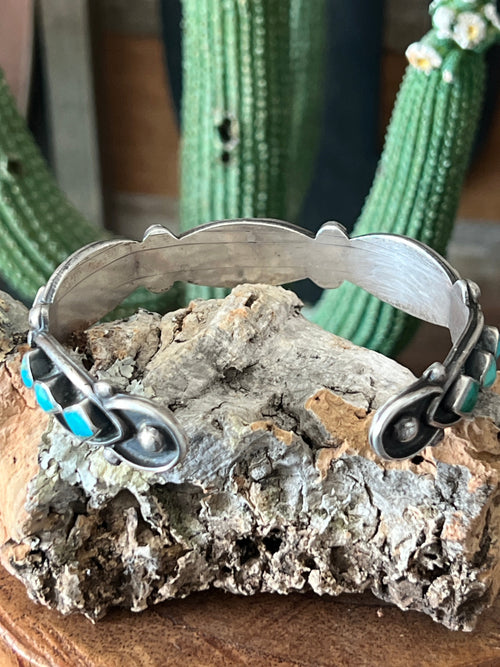 Vintage Zuni Sterling Silver and Three Diamond Turquoise Panel Stacker Cuff Bracelet