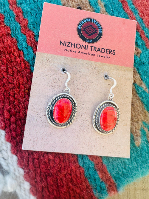 Navajo Sterling Silver Apple Coral Dangle Earrings