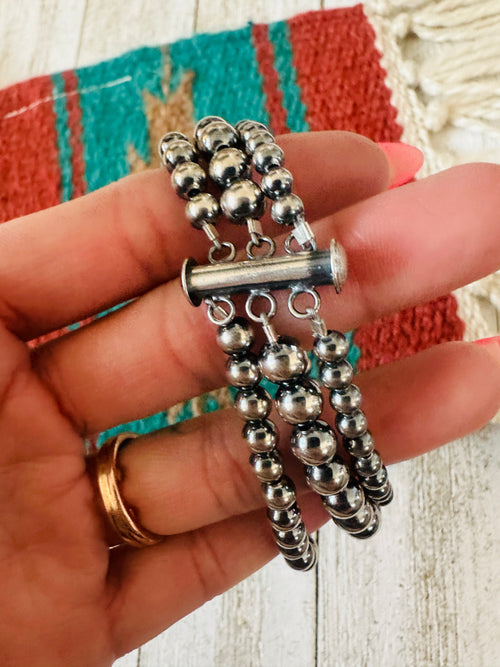 Navajo Sterling Silver Pearl Triple Strand Beaded Bracelet