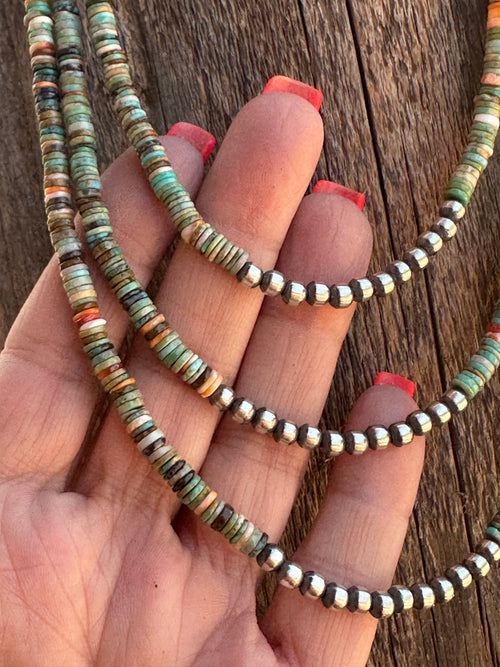Navajo Kingman Turquoise & Spiny Sterling Silver 5mm Beaded Necklace