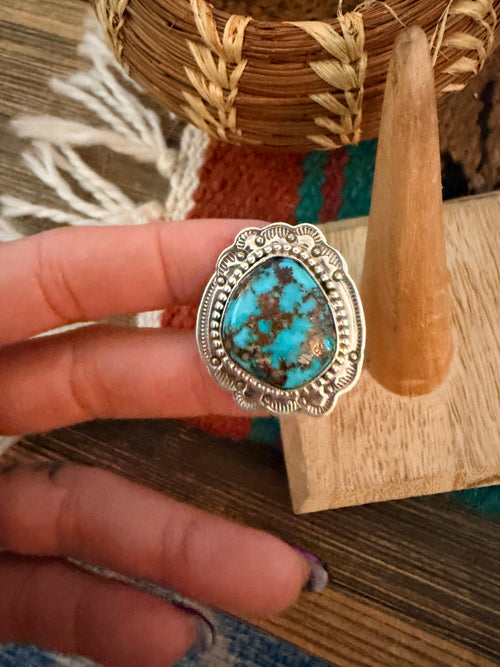 Old Pawn Handcrafted Turquoise & Sterling Silver Ring Size 8.5