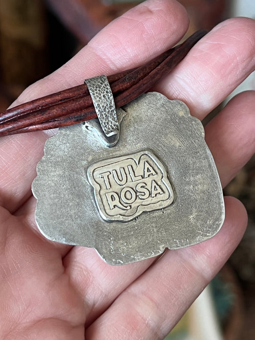 Tularosa Sterling Silver and Leather Red Creek Jasper Bear Necklace with Turquoise