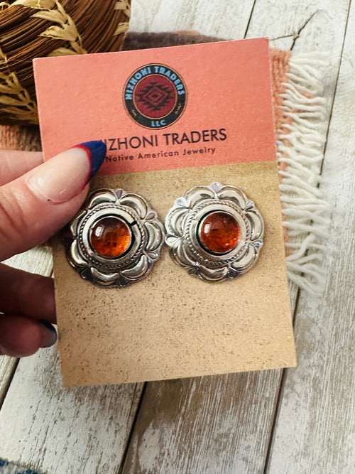 Old Pawn Navajo Sterling Silver & Amber Flower Post Earrings