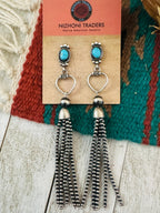 Navajo Turquoise & Sterling Silver Pearl Beaded Tassel Dangle Earrings