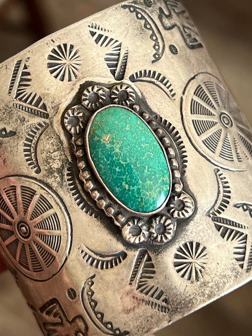 Vintage Fred Harvey Era Symbolic Collage Sterling Silver Cuff Bracelet