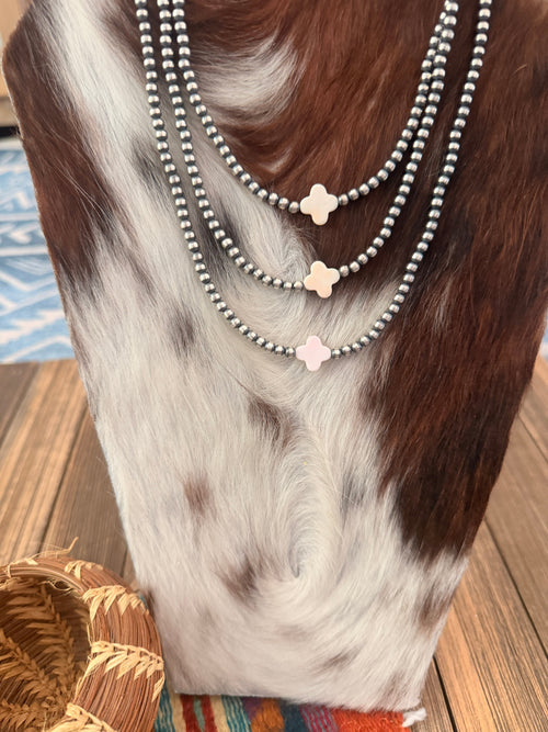Handcrafted Queen Pink Conch and Sterling Silver Pearl Quatrefoil Beaded Necklace