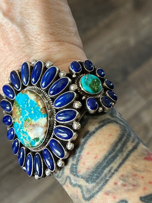Navajo Sterling Silver, Sonoran Mountain Turquoise and Lapis Lazuli Cluster Cuff Bracelet by Tyler Brown