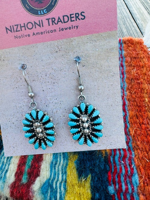 Handcrafted Old Pawn Sterling Silver & Turquoise Cluster Dangle Earrings