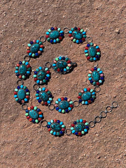 Stunning Estate Collection Handcrafted Sterling Silver and Multistone Cluster Link Concho Belt by Robert Shakey