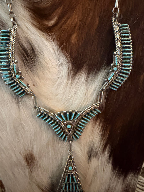 Old Pawn Handcrafted Turquoise & Sterling Silver Needlepoint Necklace