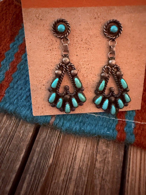 Old Pawn Handcrafted Sterling Silver & Turquoise Needlepoint Dangle Earrings