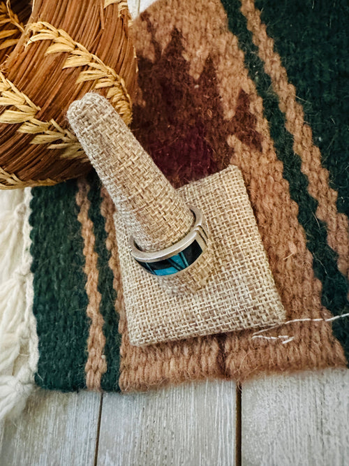 Old Pawn Handcrafted Onyx, Turquoise & Sterling Silver Inlay Ring Size 12