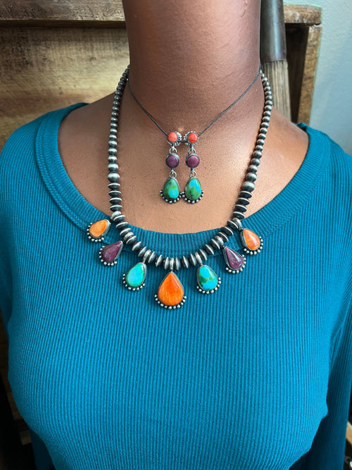 Navajo Made Sterling Silver Electric Rainbow Beaded Drop Charm Necklace & Earrings Set by Loretta Delgarito