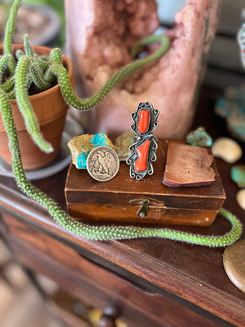 Navajo Stunning Vintage Sterling Silver and Mediterranean Coral Ring, Size 9.5
