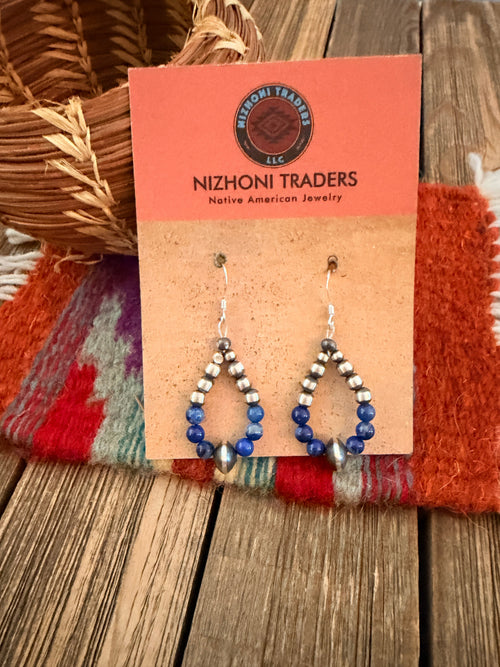 Handcrafted Lapis & Sterling Silver Pearl Beaded Dangle Hoop Earrings