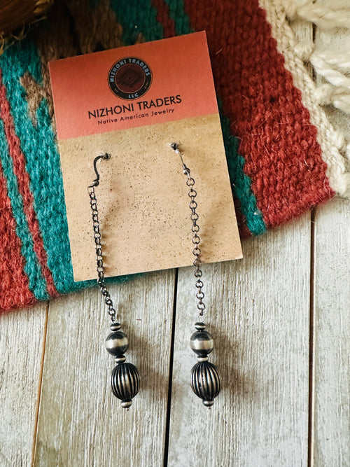 Navajo Sterling Silver Chain Beaded Dangle Earrings