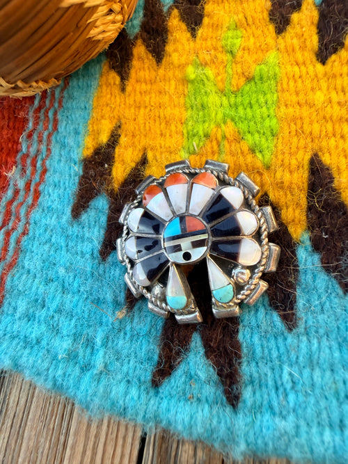 Old Pawn Handcrafted Multi Stone and Sterling Silver Inlay Sun Face Brooch/ Pendant