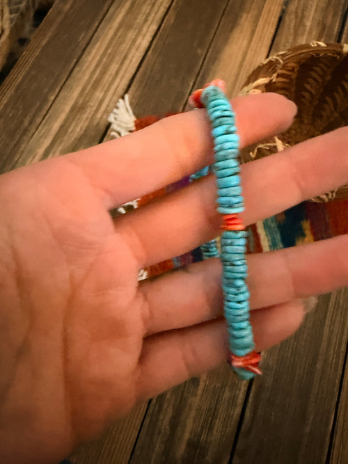 Handcrafted Turquoise and Spiny Oyster Beaded Stretch Bracelet