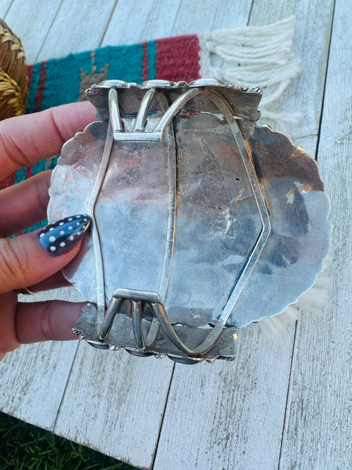 Handcrafted Old Pawn Sterling Silver & Kingman Turquoise Cluster Cuff Bracelet