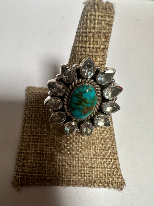 Beautiful Handmade Sonoran Mountain Turquoise , CZ And Sterling Silver Adjustable Ring