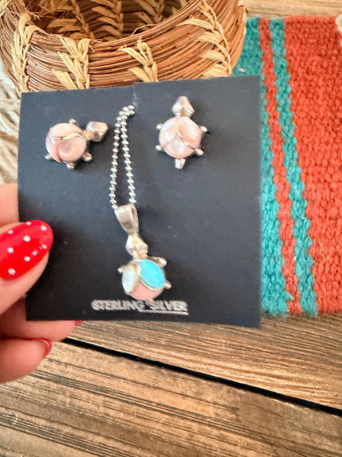 Handcrafted Old Pawn Mother of Pearl & Sterling Silver Turtle Necklace and Earring Set