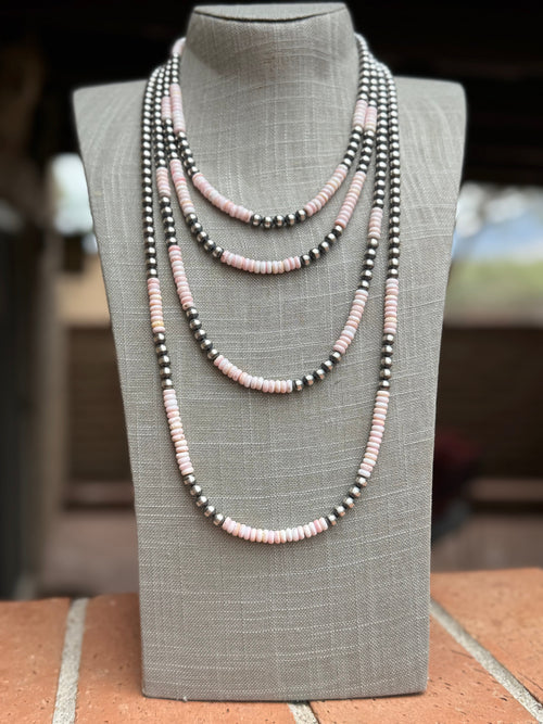 Handcrafted  Sterling Silver Pearl & Queen Pink Conch Beaded Necklace 6mm