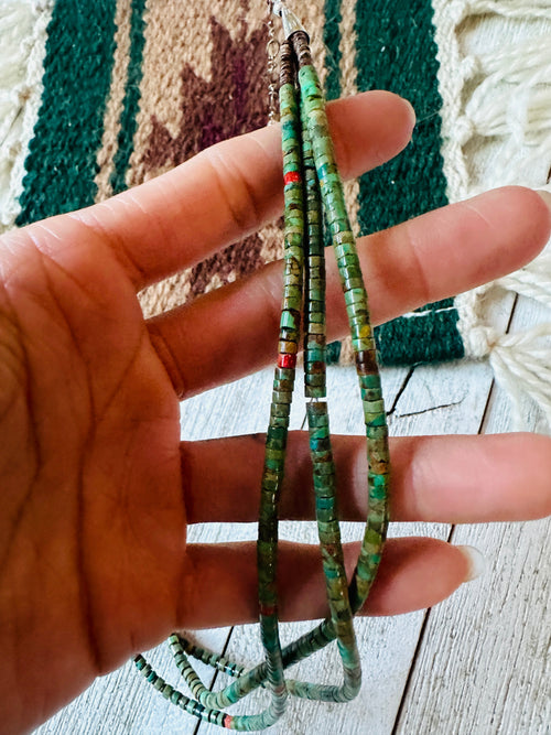 Navajo Turquoise, Coral & Heishi Triple Strand Beaded Necklace