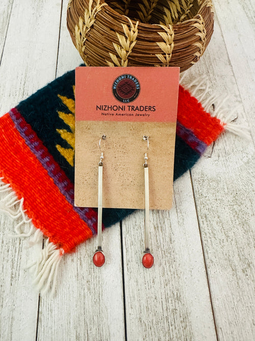 Navajo Sterling Silver & Coral Drop Dangle Earrings