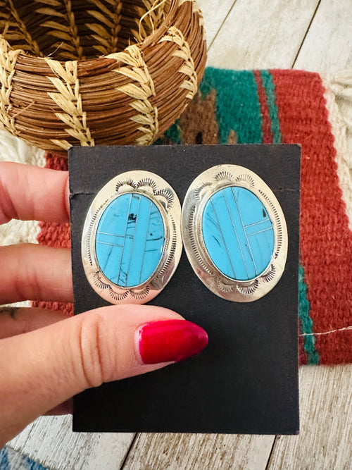 Handcrafted Old Pawn Sterling Silver & Turquoise Inlay Post Earrings