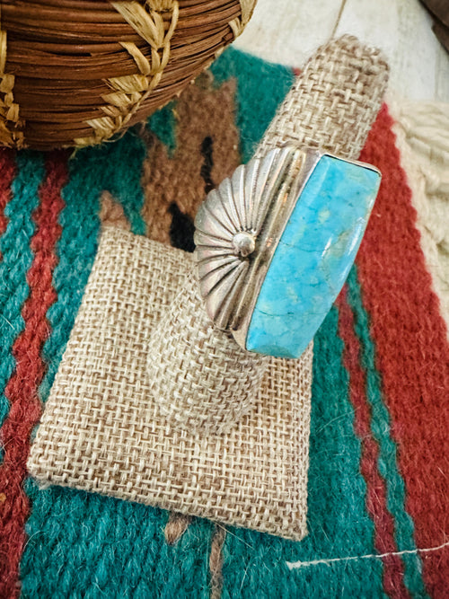 Old Pawn Handcrafted Turquoise & Sterling Silver Ring Size 9