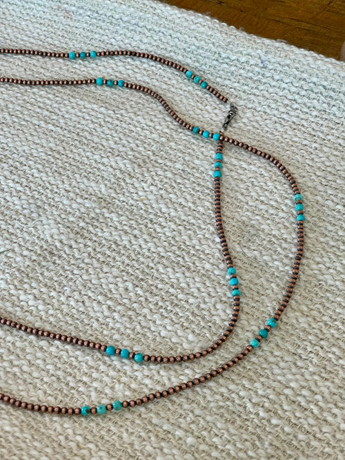 Handmade Copper & Turquoise  60” Beaded Necklace