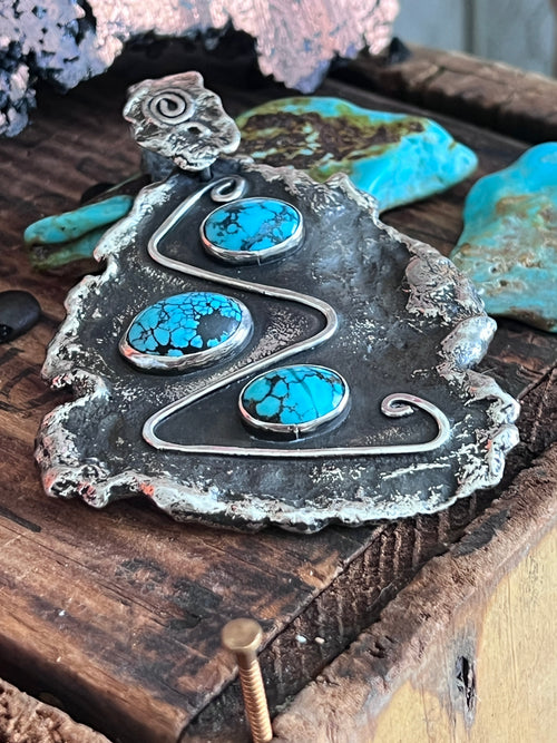 Vintage Artisan Sterling Silver and Turquoise Brutalist Style Pendant Signed Sandee Kelly