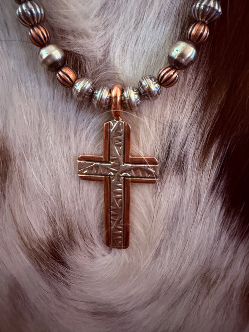 Handcrafted Copper and Sterling Silver Cross Beaded Necklace by Landon Secatero