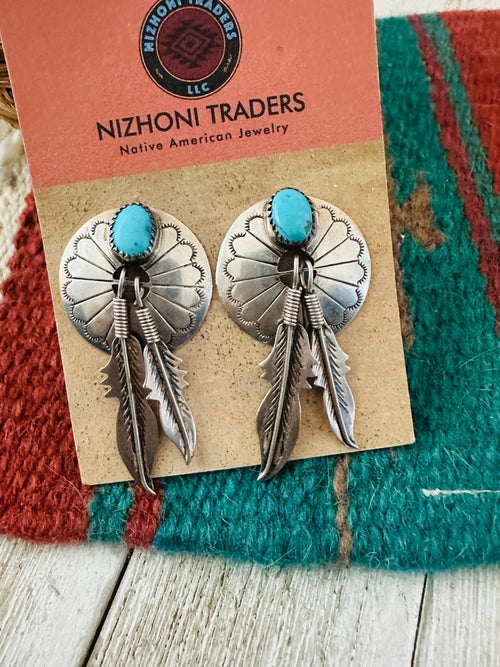 Handcrafted Old Pawn Kingman Turquoise & Sterling Silver Feather Concho Dangle Earrings