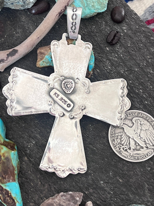 Hand Stamped Sterling Silver, Egyptian Turquoise & Spiny Oyster Cross Pendant by Kimari Somers