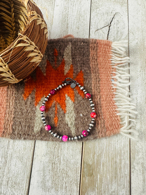 Navajo Pink Mojave and Sterling Silver Pearl Beaded Bracelet