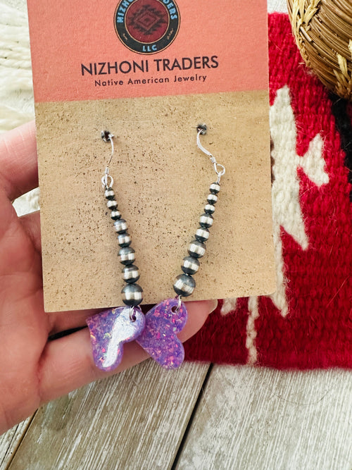 Summer Lovin’ Navajo Sterling Silver Pearl Beaded Opal Heart Dangle Earrings