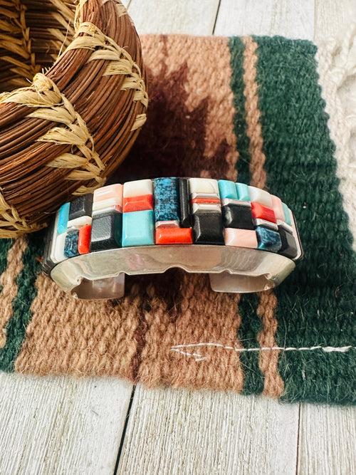 Old Pawn Navajo Multi Stone & Sterling Silver Inlay Cuff Bracelet