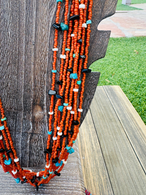 Old Pawn Handcrafted Coral, Turquoise & Black Onyx Beaded 32” Necklace