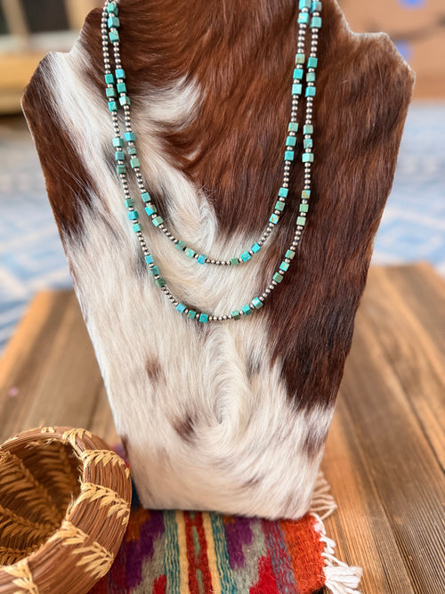 Handcrafted Turquoise & 3mm Sterling Silver Pearl Beaded Necklace