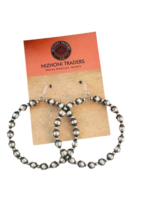 Navajo Sterling Silver Pearl Beaded Dangle Hoop Earrings