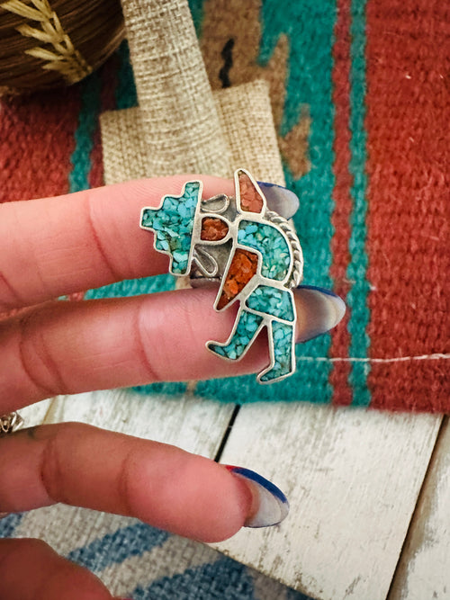 Old Pawn Navajo Sterling Silver, Turquoise & Coral Inlay Kachina Ring Size 5