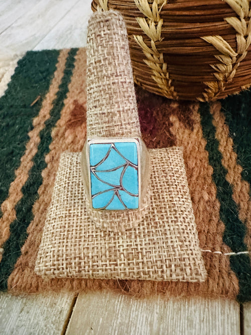 Old Pawn Handcrafted Turquoise & Sterling Silver Inlay Ring Size 11.75