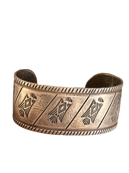 Hand Forged Old Pawn Sterling Silver Ingot Cuff Bracelet by Santa Fe Artist, Buffalo: The Birds