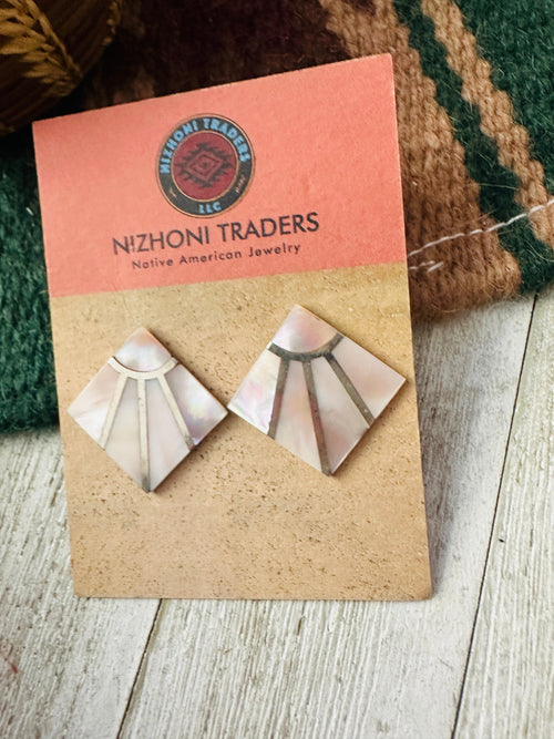 Old Pawn Zuni Mother of Pearl & Sterling Silver Inlay Earrings