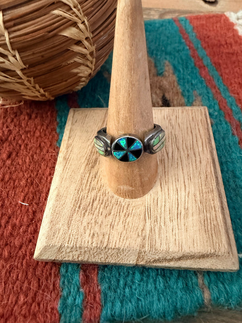 Old Pawn Handcrafted Multi Stone & Sterling Silver Inlay Ring Size 9