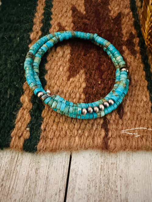 Navajo Turquoise & Sterling Silver Pearl Beaded Wrap Bracelet