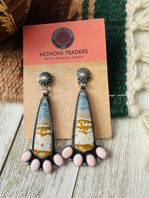 Old Pawn Navajo Fossilized Coral, Queen Pink Conch & Sterling Silver Dangle Earrings