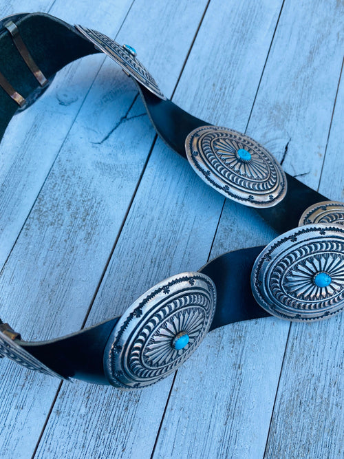 Vintage Navajo Black Leather And Sterling Silver Turquoise Concho Belt
