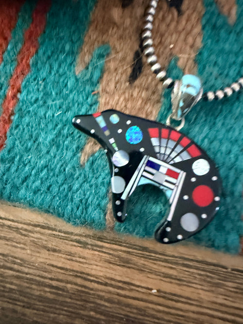 Handcrafted Old Pawn Sterling Silver and Multi Stone Inlay Bear Pendant